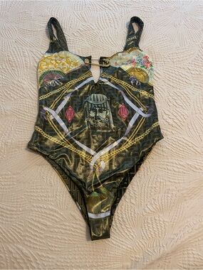 Fendi Black and Gold Metallic One-Piece Swimsuit